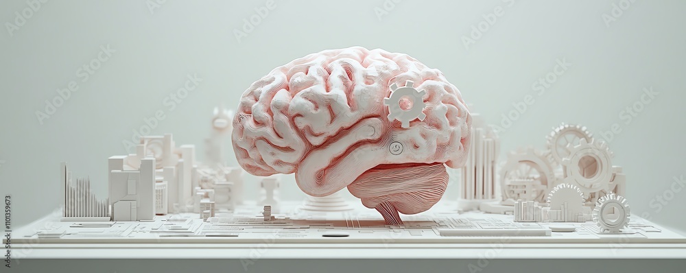 Poster 3drendered ai brain with business and technology icons like graphs and gears on a light background, 