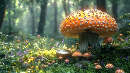 Glowing Mushroom Cluster in Enchanting Forest Undergrowth