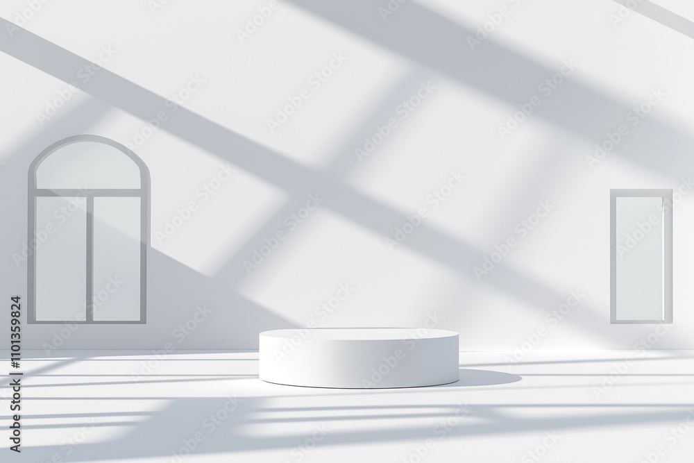 Poster White empty space studio. Round podium with shadows. Bright light from windows. Modern empty presentation stage. Clean design for product display. Stylish backdrop. Ideal for product mockups.