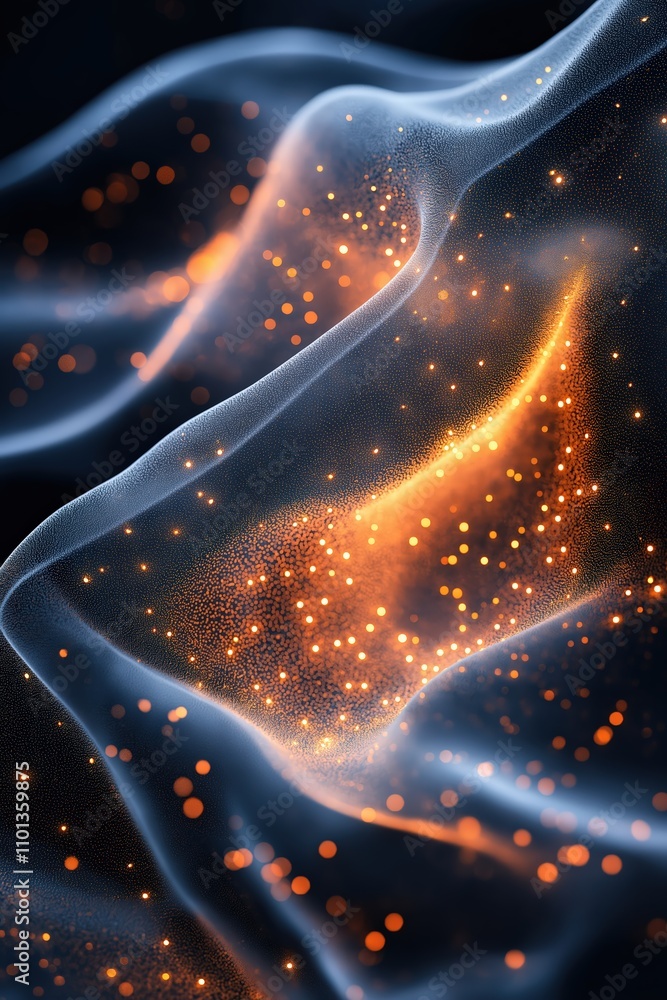 Poster shimmering fabric illuminated by warm, glowing particles dancing in soft waves