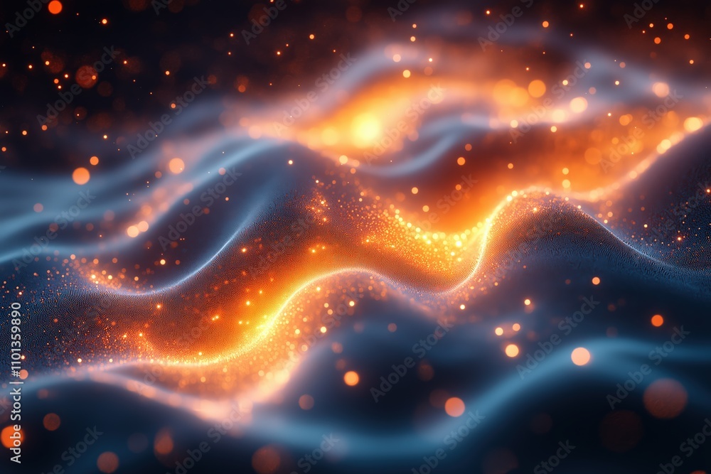 Poster glowing waves of light create a mesmerizing abstract landscape in dark surroundings