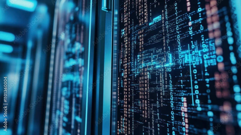 Poster futuristic digital data center with servers and blinking lights