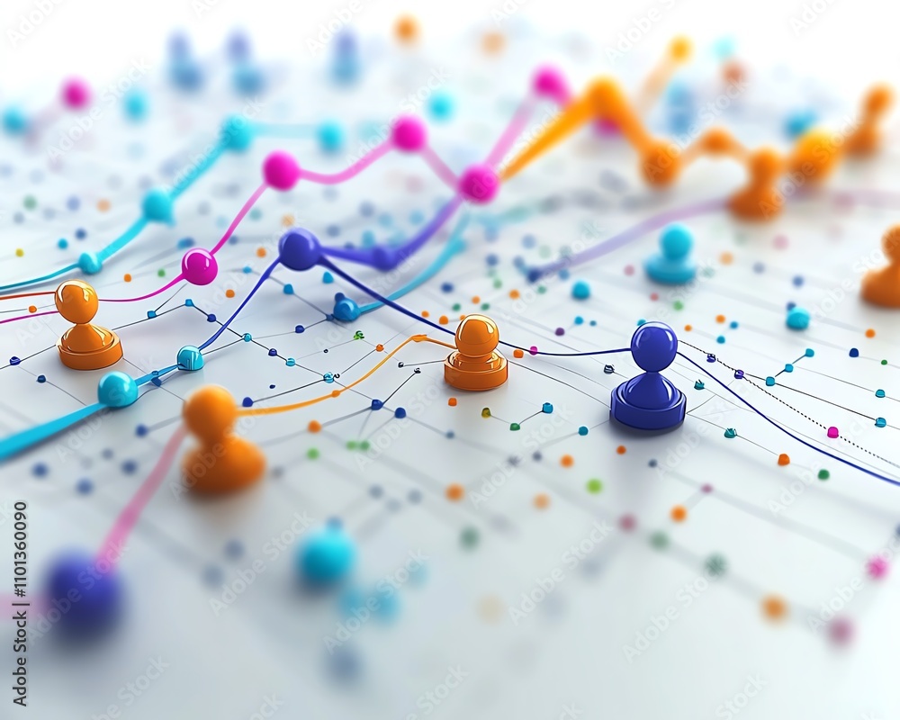 Poster abstract 3d financial chart featuring colorful data points, interconnected analytical graph, clean w