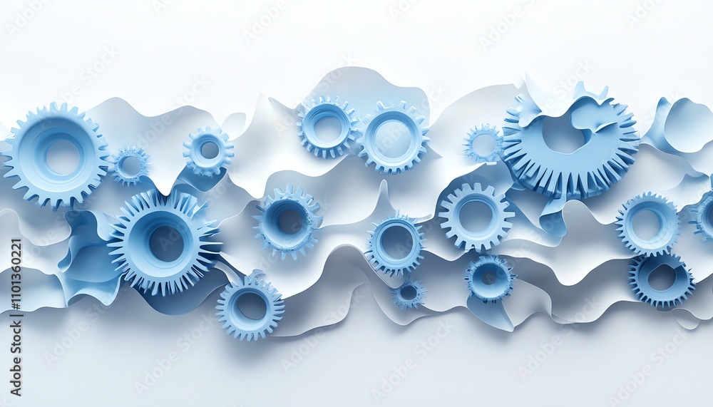 Poster abstract blue gears arranged on a white background, representing interconnected systems and technolo