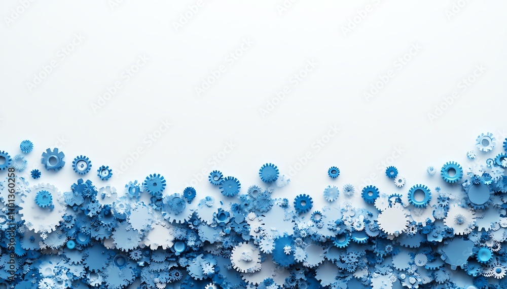 Poster abstract blue gears arranged on a white background, representing interconnected systems and technolo