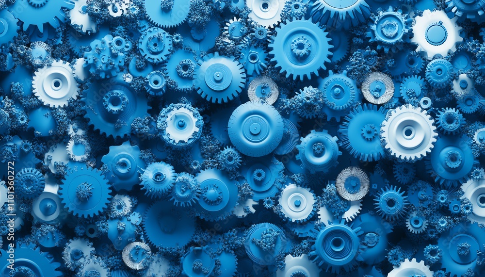 Poster abstract blue gears arranged on a white background, representing interconnected systems and technolo