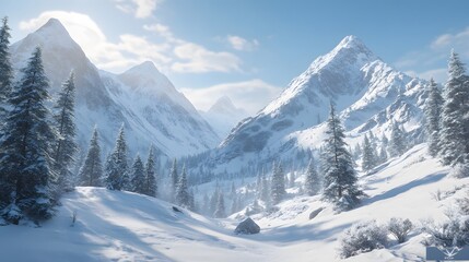 Obraz premium A serene winter scene of snow-covered hills and pine trees under a clear blue sky, framed by majestic mountain peaks. .