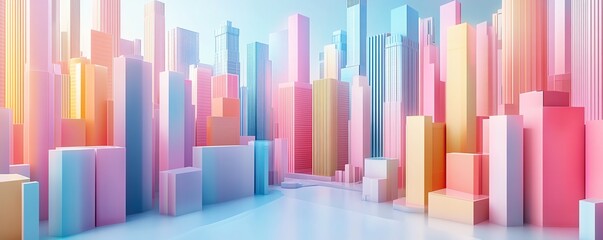 Obraz premium Abstract cityscape with geometric pastel buildings and sleek lines, 3D rendering on a white background, futuristic urbanization design