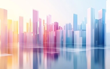 Abstract digital cityscape with geometric buildings in pastel colors, 3D rendering on a white background, modern technology and urbanization concept
