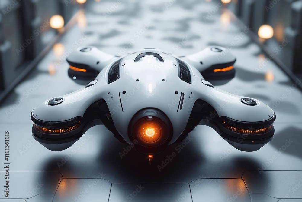 Poster futuristic drone design showcasing advanced technology in a high-tech environment