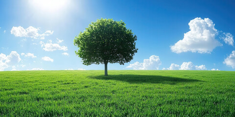 Obraz premium single tree stands in open field, surrounded by lush green grass under bright blue sky with fluffy clouds. scene evokes sense of tranquility and nature beauty