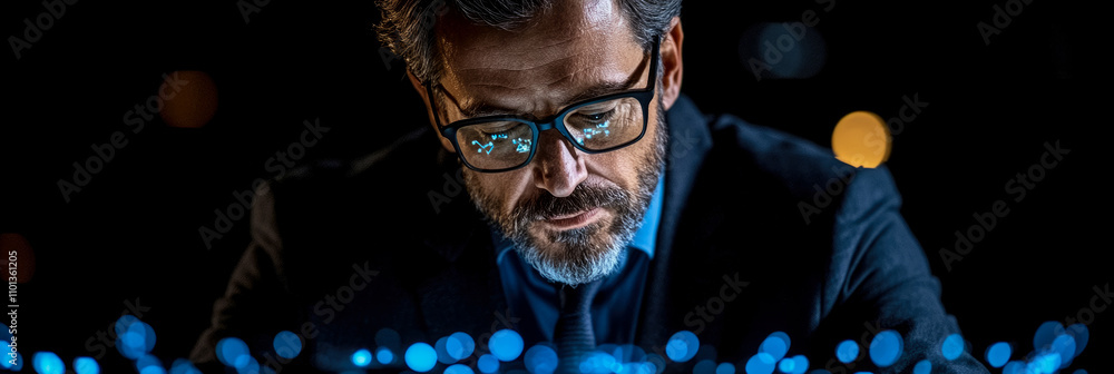 Poster a focused professional intently analyzes data on a computer surrounded by glowing blue lights in a b