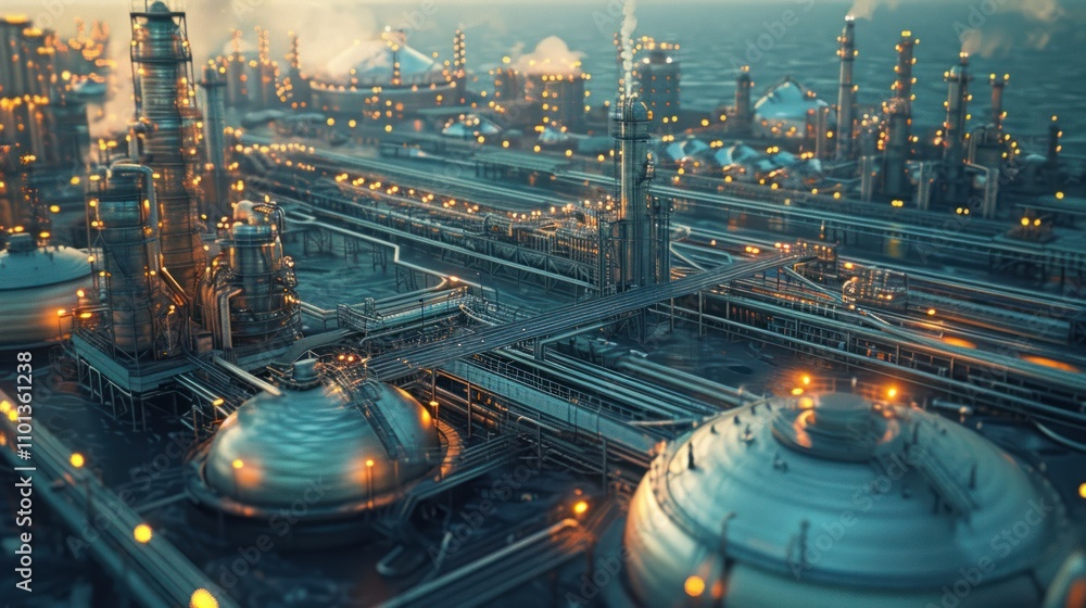 Aufkleber aerial view of an industrial complex with tanks and pipelines illuminated at dusk.