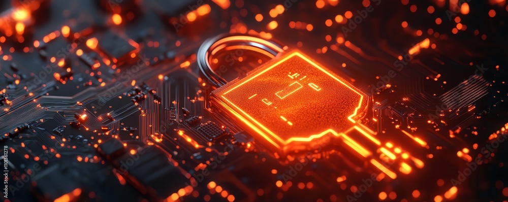 Poster 3drendered digital key on a glowing circuit board, representing cybersecurity and data protection, s