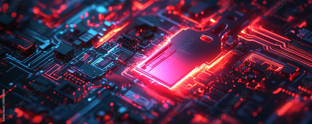 Poster abstract digital key on a glowing circuit board, symbolizing data security and protection, modern te