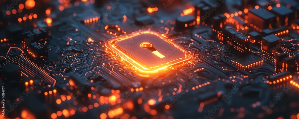Poster abstract digital key on a glowing circuit board, symbolizing data security and protection, modern te