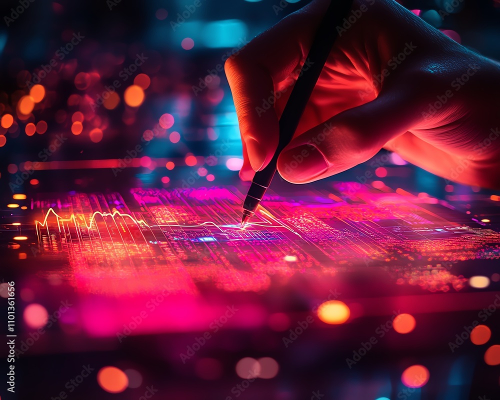 Poster closeup of a person drawing data visualizations with a stylus on a digital interface, surrounded by 