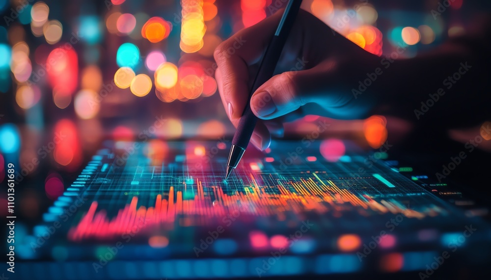 Poster closeup of a person drawing data charts on a digital interface with a stylus, bokeh lights in the ba