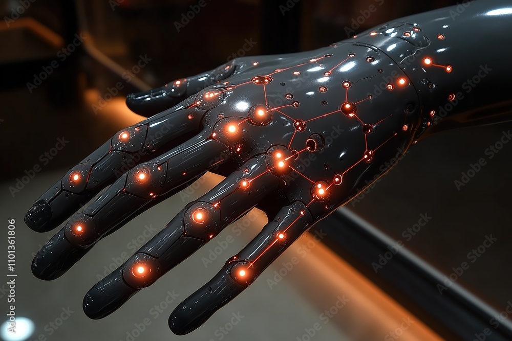 Poster robotic hand with glowing circuits displayed in a technology exhibit at night