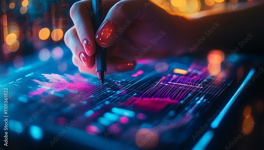 Poster closeup of a person drawing data charts on a digital interface with a stylus, bokeh lights in the ba