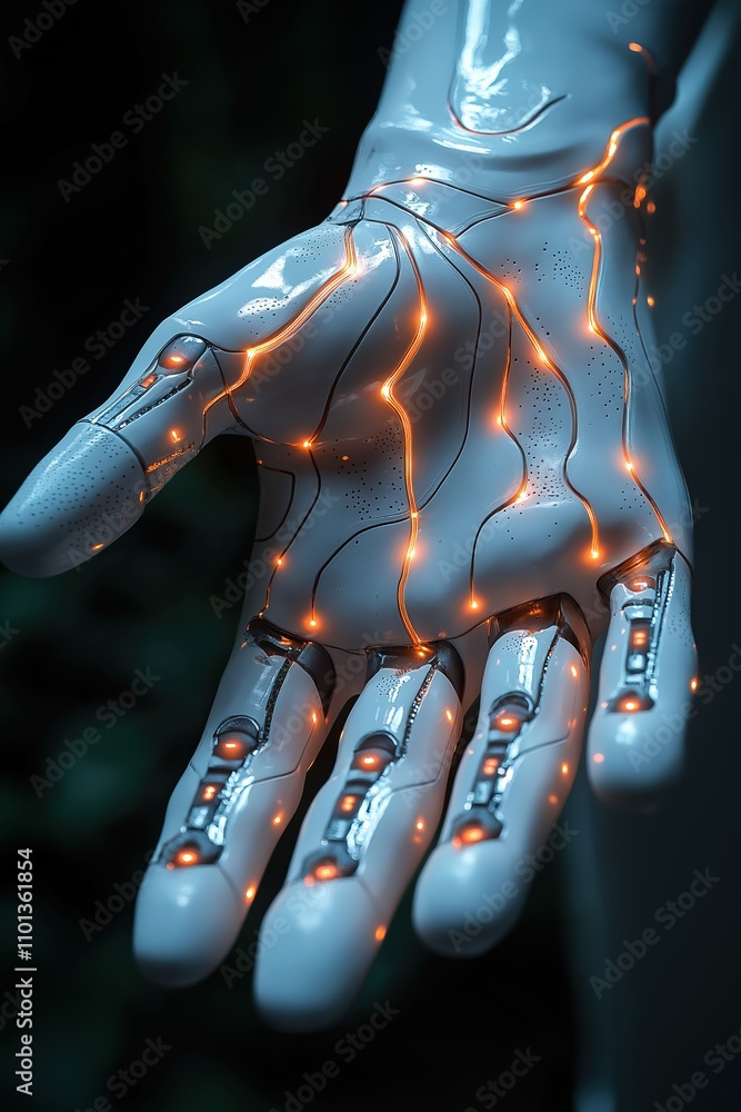 Poster advanced robotic hand showcasing intricate design and glowing circuits