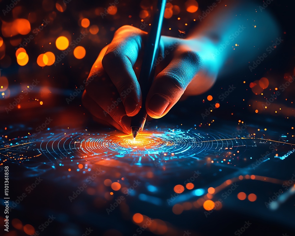Poster closeup of a person drawing data visualizations with a stylus on a digital interface, surrounded by 