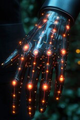 Futuristic robotic hand with glowing circuits in a vibrant environment during twilight