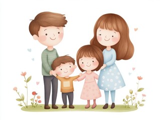 A cheerful family illustration featuring parents with their two kids, surrounded by flowers, conveying warmth and love.