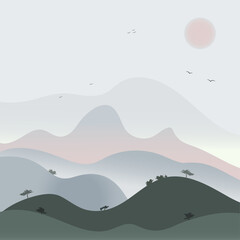 Landscape grey color with beards and sun, mountain