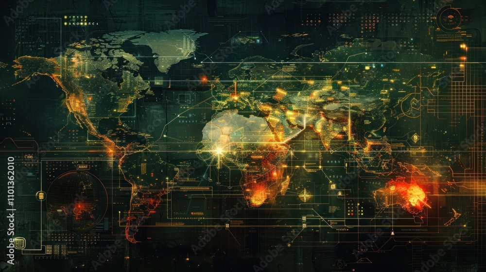 Poster a digital world map with glowing elements, suggesting technology and data visualization.
