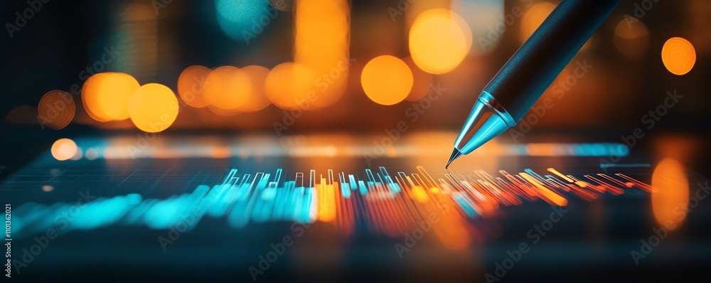 Poster closeup of a stylus on a digital interface drawing data charts, surrounded by bokeh lights, represen