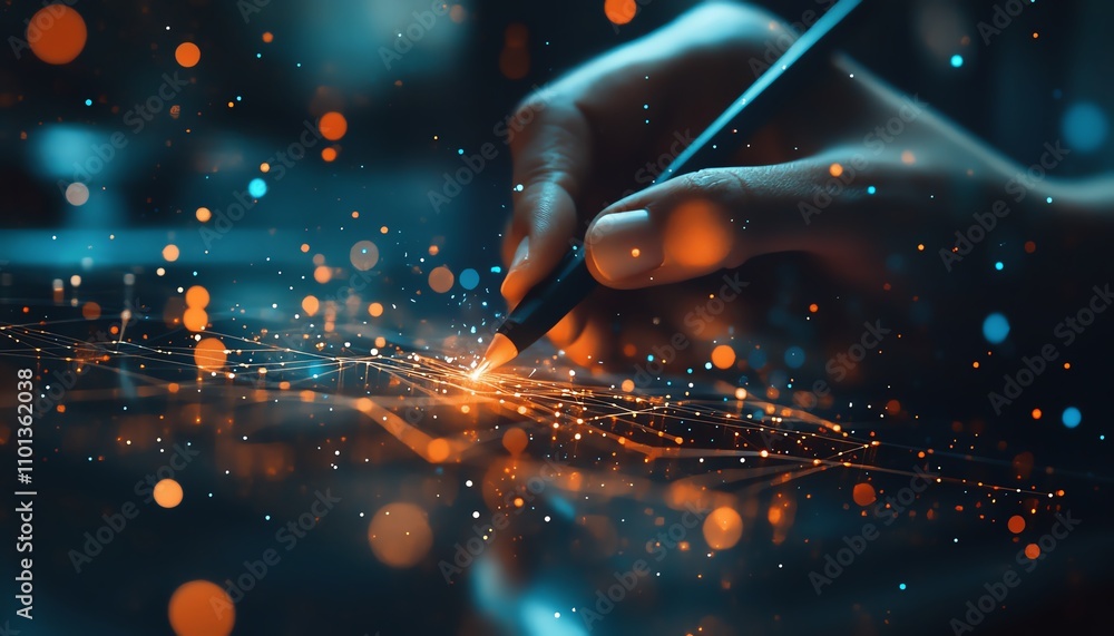 Poster closeup shot of a hand with a stylus drawing data visualizations on a digital interface, surrounded 
