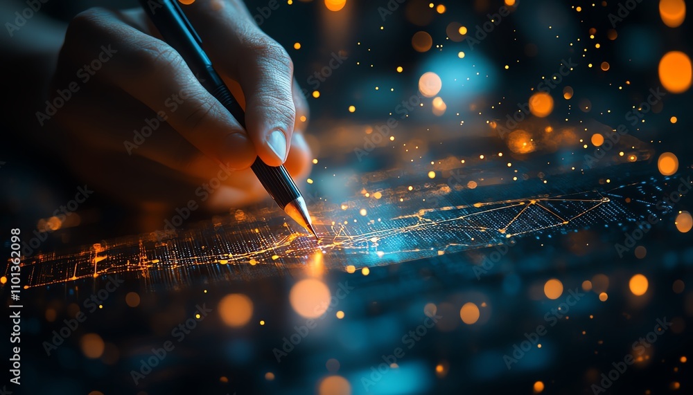 Poster closeup shot of a hand with a stylus drawing data visualizations on a digital interface, surrounded 