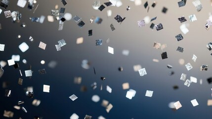 Elegant design featuring floating silver confetti against a gradient background of navy blue to light grey, suggesting a sophisticated New Year celebration.