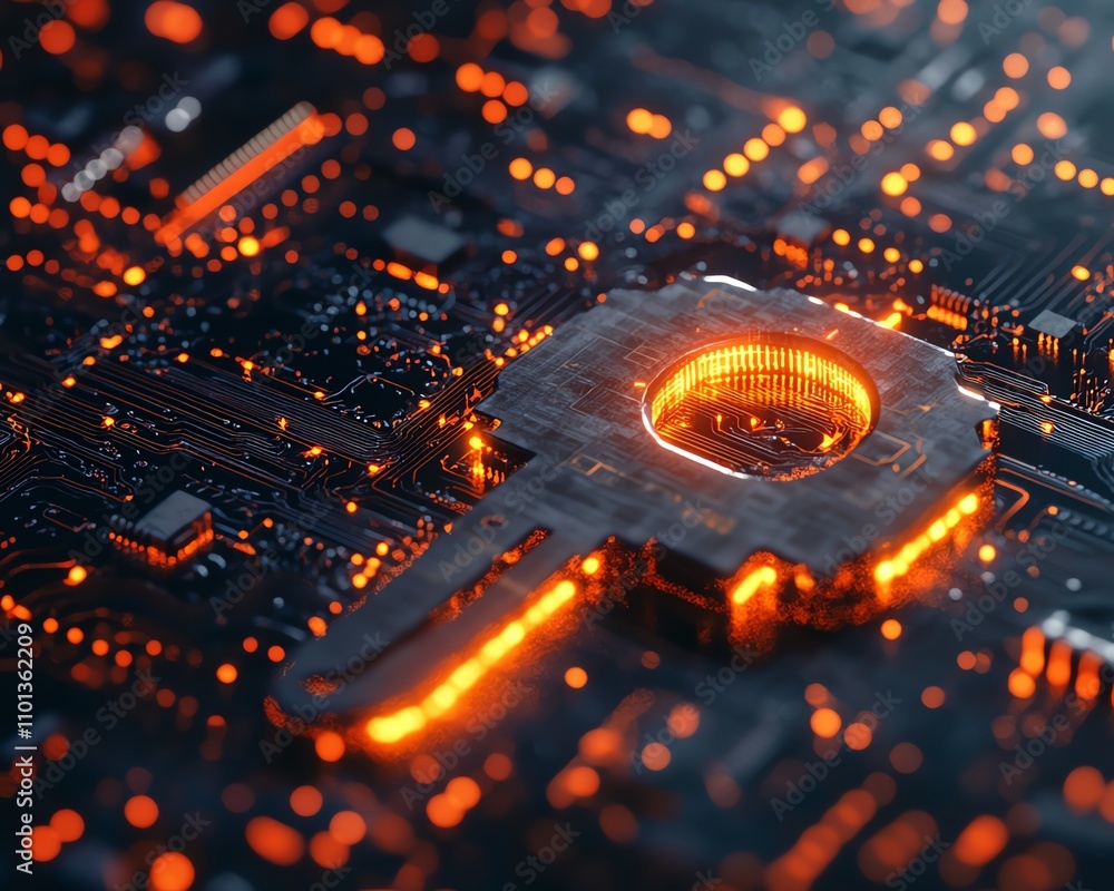 Poster cybersecurity digital key on a glowing circuit board, symbolizing data protection, futuristic design