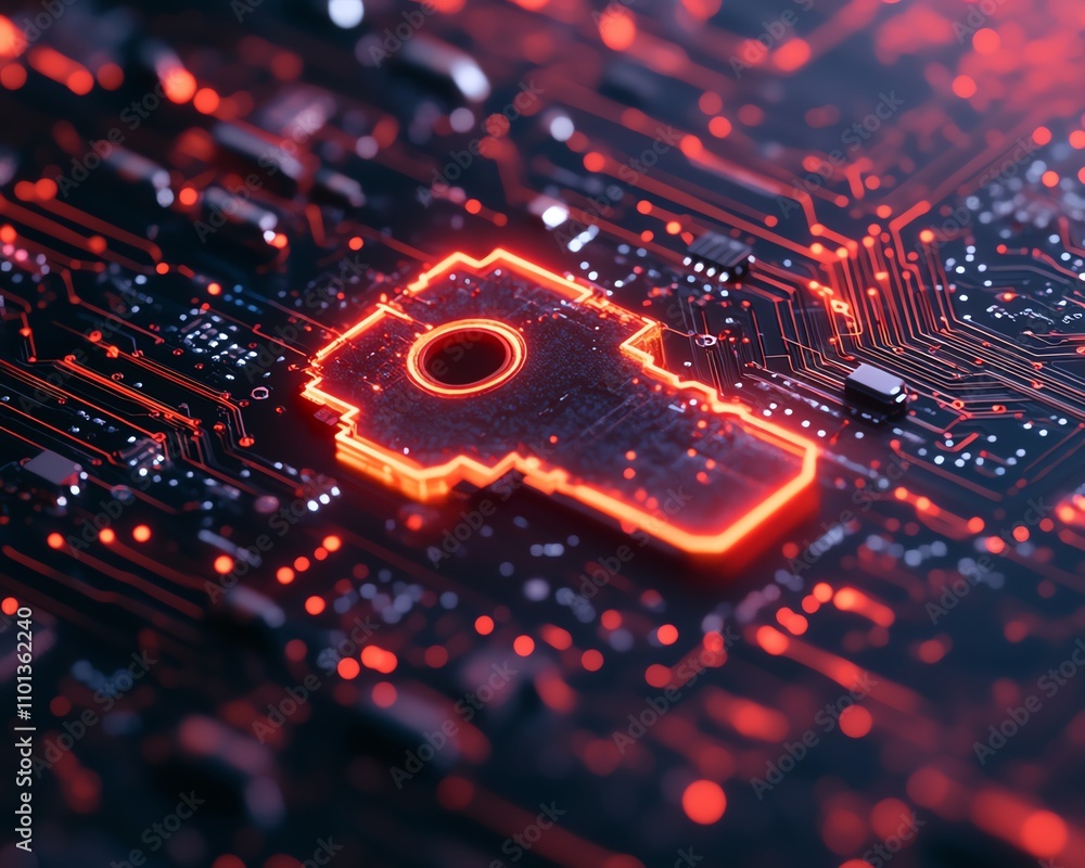 Poster cybersecurity digital key on a glowing circuit board, symbolizing data protection, futuristic design