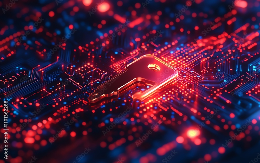 Poster cybersecurity digital key with glowing circuit board background, symbolizing data protection, futuri