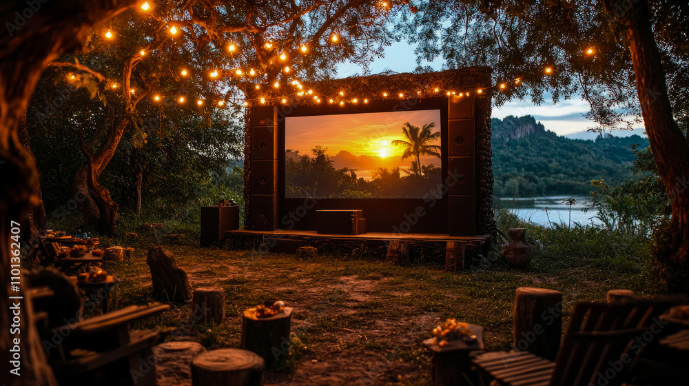Poster a cozy outdoor setting features a large screen displaying a sunset over the lake, illuminated by str