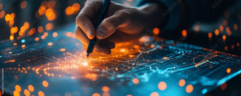 Poster detailed closeup of a hand drawing data visualizations with a stylus on a glowing digital interface,