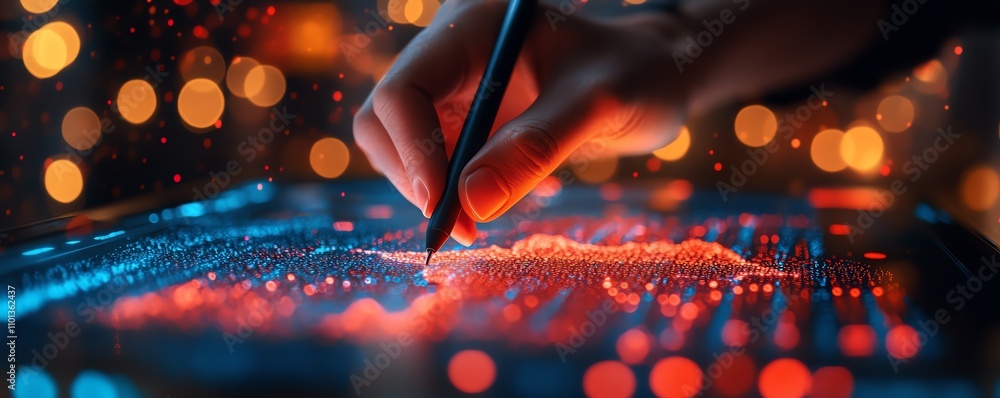 Poster detailed closeup of a hand drawing data visualizations with a stylus on a glowing digital interface,