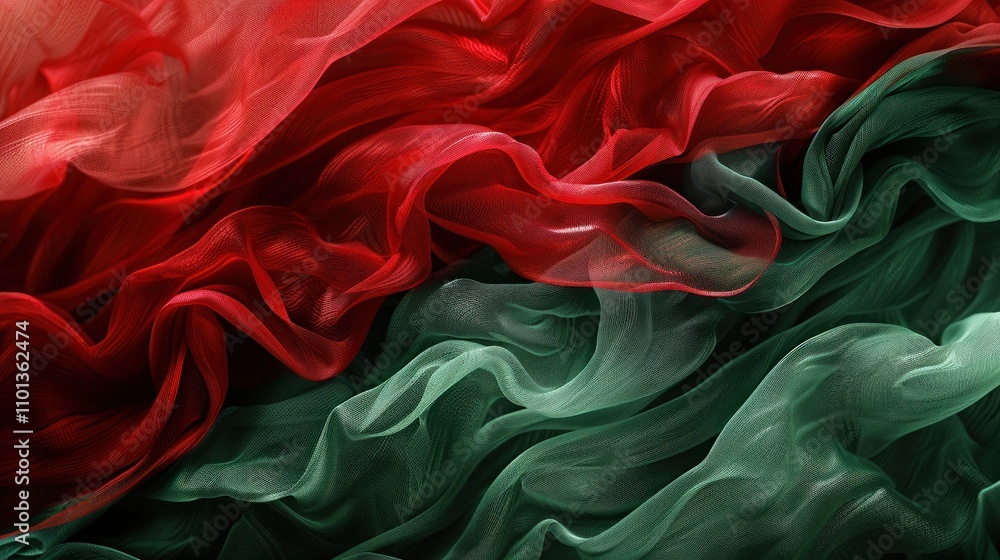 Poster a close-up view of flowing red and green fabric, creating a soft, textured visual effect.