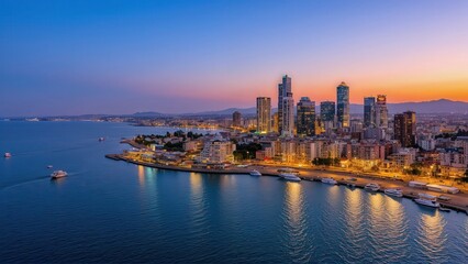 Fototapeta premium Generative AI, Coastal Cityscape at Sunset with Glass Skyscrapers and Ocean Views