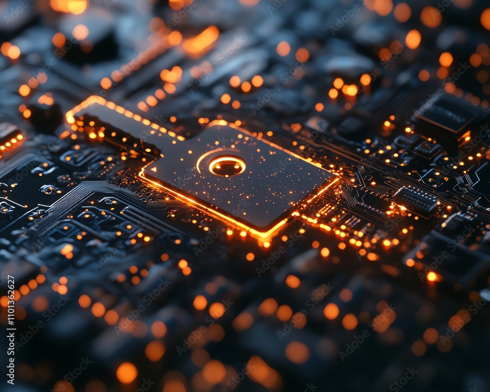 Aufkleber digital key symbolizing cybersecurity and data protection on a glowing circuit board, futuristic tec