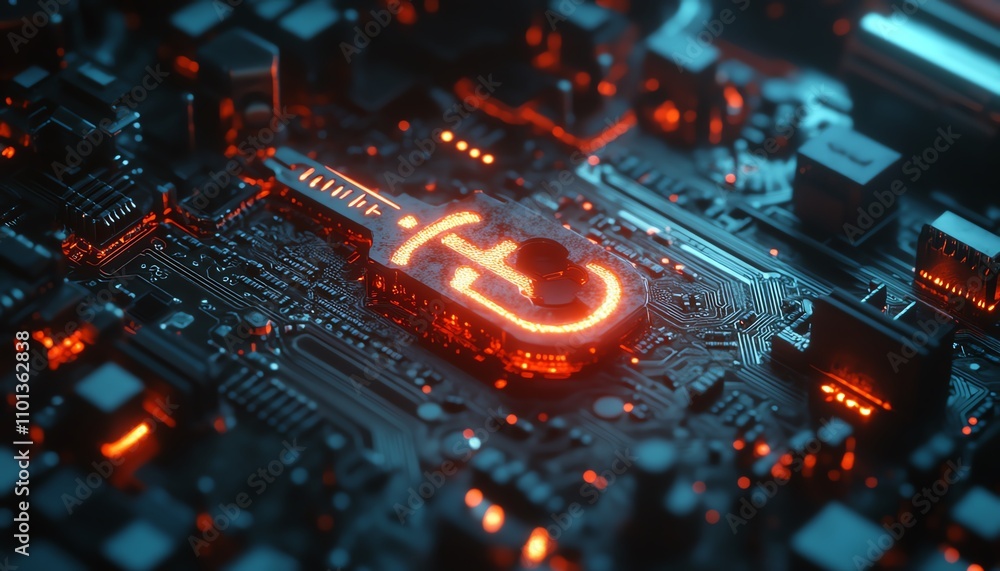 Poster digital key symbolizing data protection and cybersecurity, glowing circuit board background, sleek a