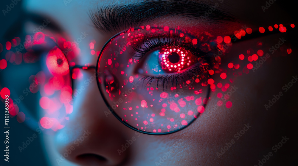 Poster close-up view of a person wearing glasses, their eyes illuminated with vibrant red patterns, creatin
