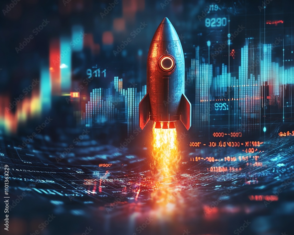 Poster dynamic rocket ship launch with financial charts and data in the background, representing growth, te