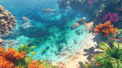 Obraz premium A vibrant coastal scene with clear waters, colorful corals, and tropical vegetation.