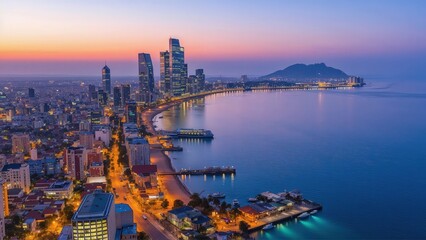 Obraz premium Generative AI, Coastal Cityscape at Sunset with Glass Skyscrapers and Ocean Views