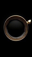 Minimalist Coffee Time Top View Of Freshly Brewed Black Coffee In Gold Rimmed Mug On Black