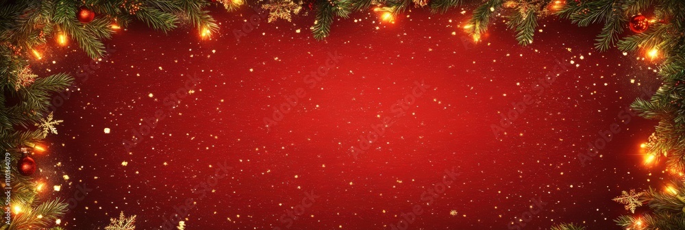 Poster christmas background with xmas tree and sparkle bokeh lights on red canvas background. merry christm